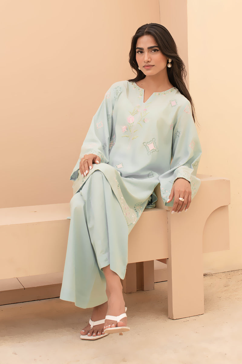 Aqua Lotus – 2 Piece Embroidered Linen Khaddar Suit (Pret)