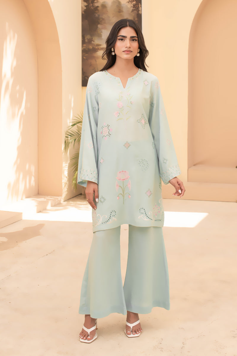 Aqua Lotus – 2 Piece Embroidered Linen Khaddar Suit (Pret)
