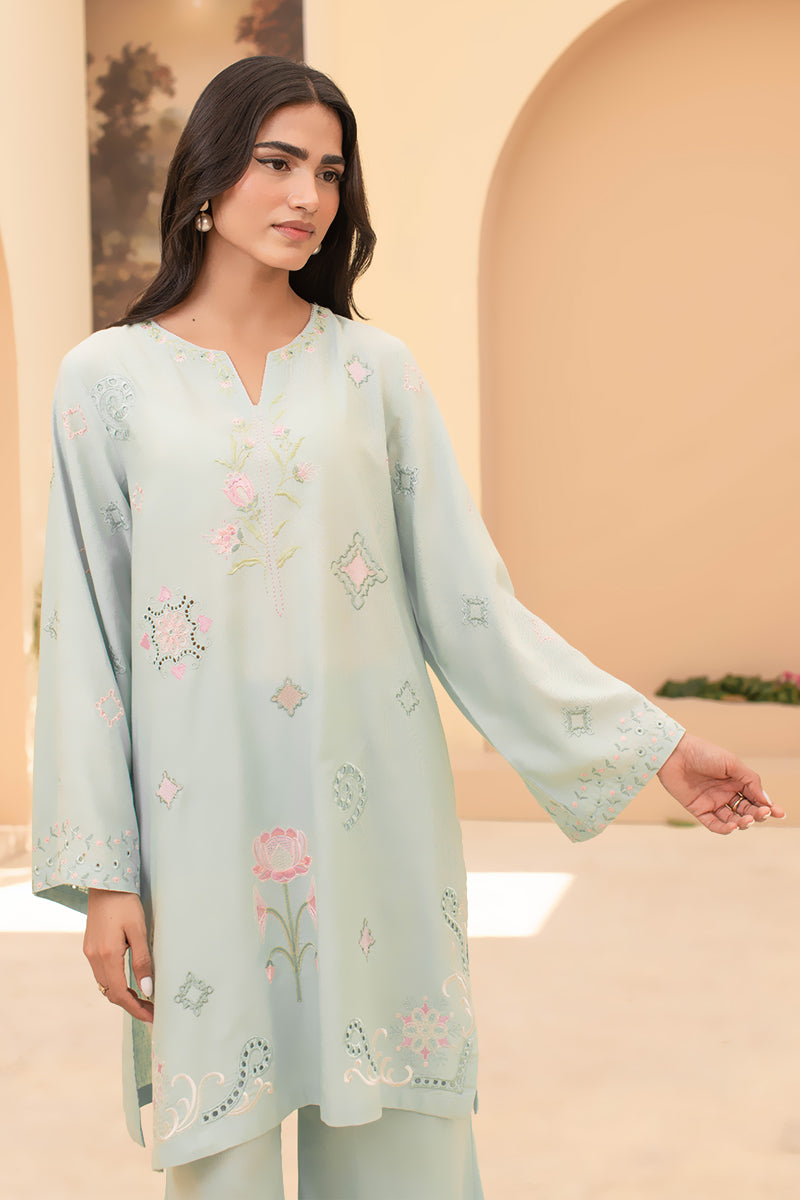 Aqua Lotus – 2 Piece Embroidered Linen Khaddar Suit (Pret)
