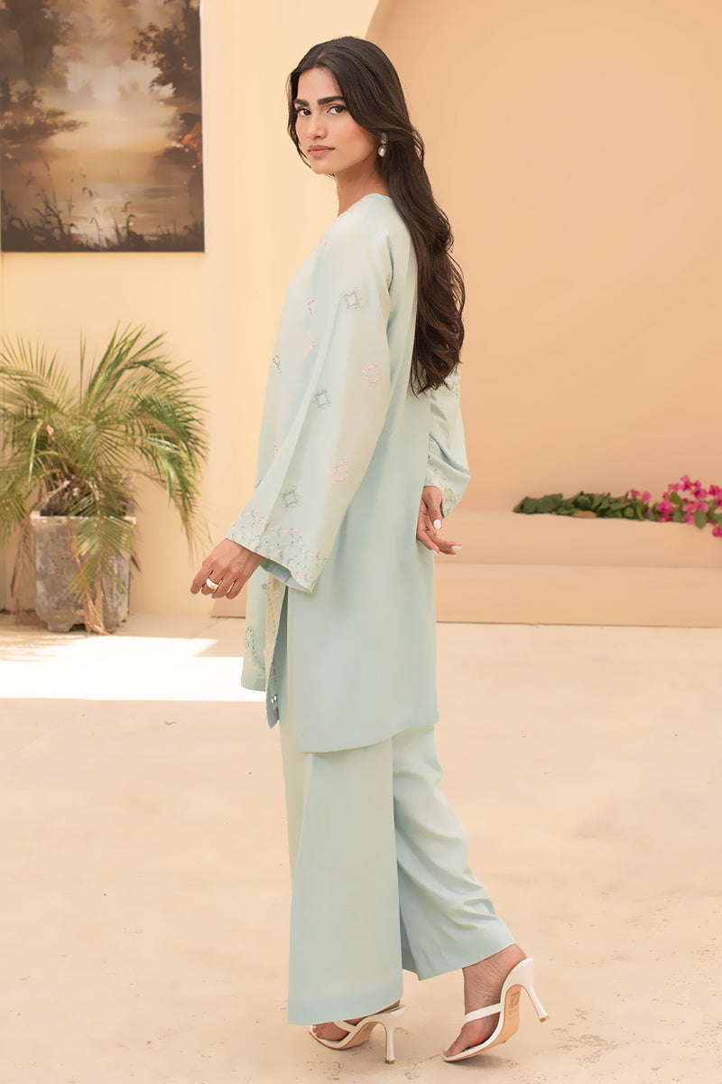 Aqua Lotus – 2 Piece Embroidered Linen Khaddar Suit (Pret)