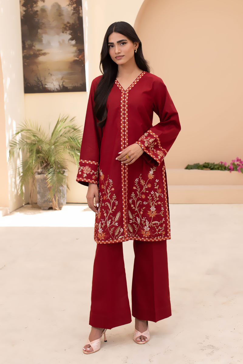 Maroon Vine – 2 Piece Embroidered Khaddar Suit (Pret)