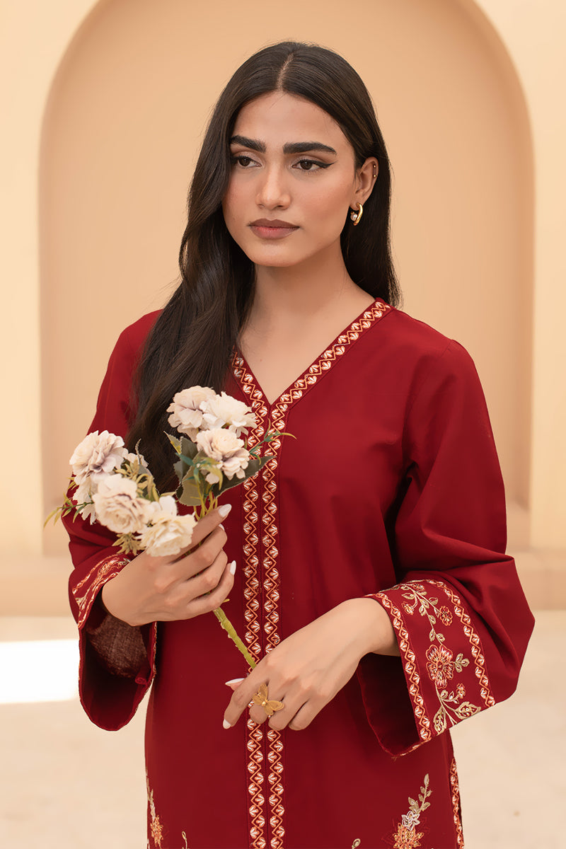 Maroon Vine – 2 Piece Embroidered Khaddar Suit (Pret)