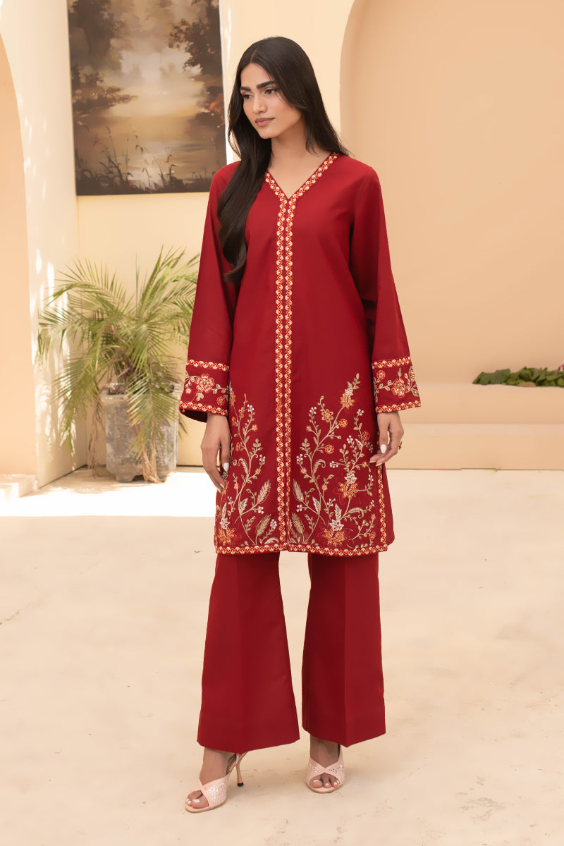 Maroon Vine – 2 Piece Embroidered Khaddar Suit (Pret)